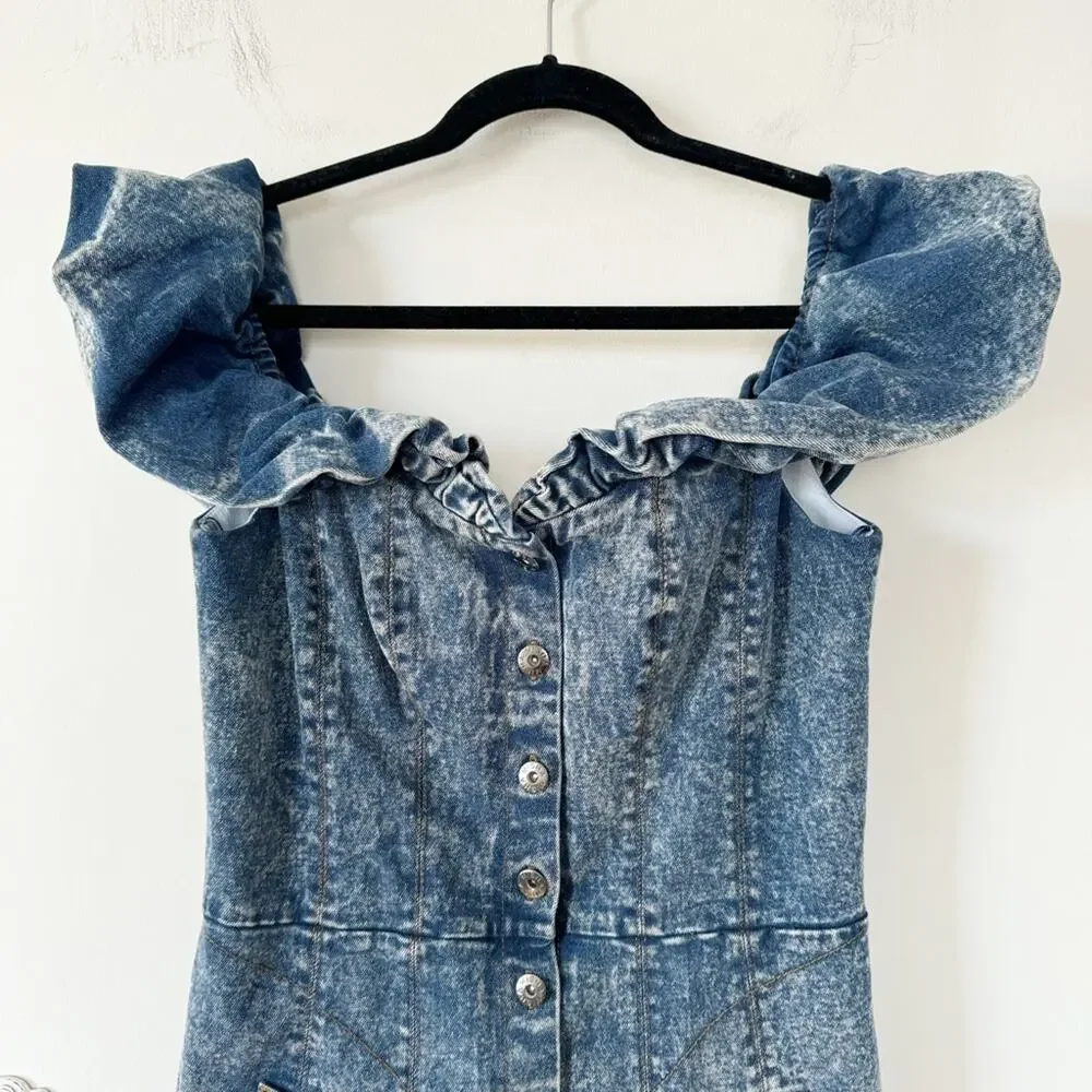 Misha Trisha Acid Wash Blue Denim Off The Shoulder Ruffle Mini Dress 10 - Picture 7 of 13